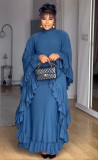 Women's Autumn Fashion Semi-High Neck Bat Sleeves Patchwork Flounce Dress
