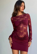 Women's Fashion Sexy Slim Fit See-Through Low Back Solid Color Lace Patchwork Bodycon Short Dress