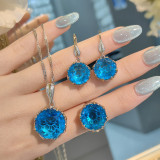 Women's Artificial Gilt Imitation Yellow Crystal Two-Tone Gold Aquamarine Gemstone Ring Pendant Earrings Necklace Set