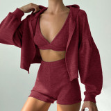 Women's Autumn Sport Casual Cropped Tank Top Zip Hoodie Shorts Three-Piece Set