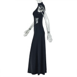 Women's Street Chic Sleeveless High Neck Patchwork Slim Waist A-Line Solid Color Long Dress