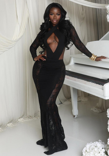 Women's Winter Solid Color Lace Patchwork Sexy Long Sleeve Slim Fit Long Dress