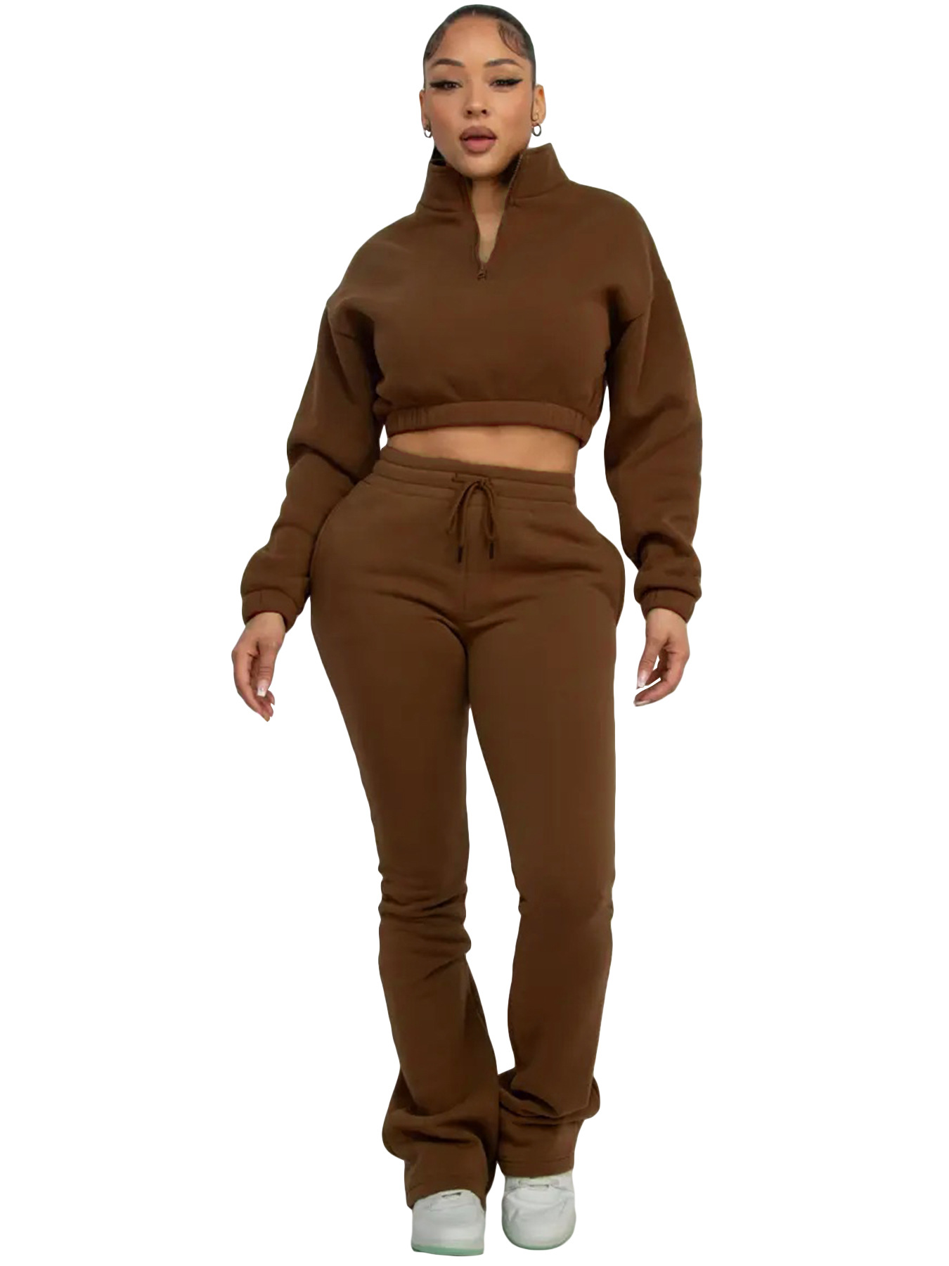 Women's Fashion Casual Turndown Collar Half-Zip Crop Fleece Top Micro Bell Bottom Pants Two-Piece Set