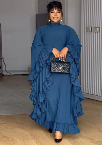 Women's Autumn Fashion Semi-High Neck Bat Sleeves Patchwork Flounce Dress