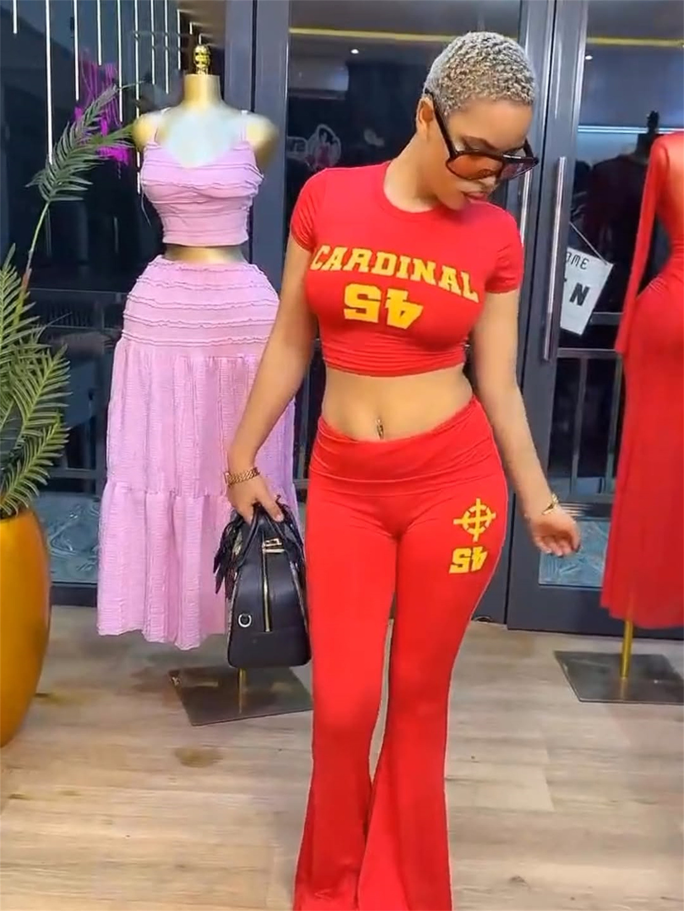 Women's Sporty Fashion Sexy Slim Fit Cropped Short Sleeve Printed Top Pants Set