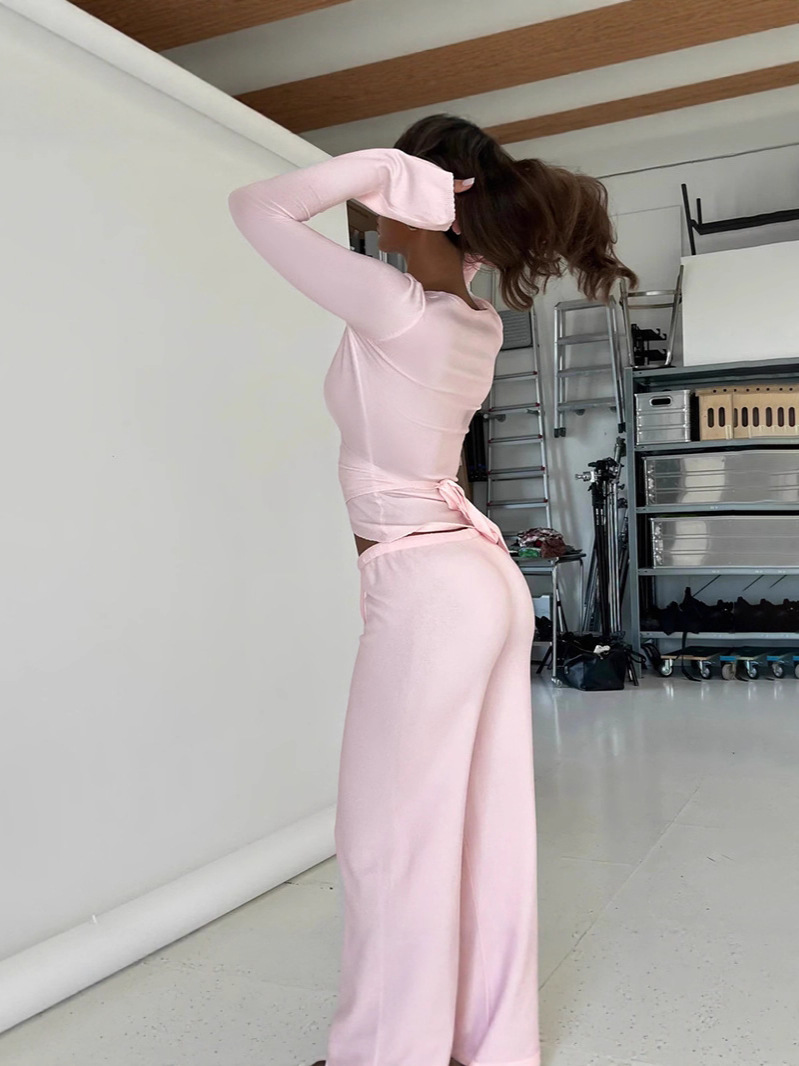 Women's Autumn Solid Color Fleece Bell Sleeve V-Neck Long Sleeve Top Drawstring Straight Leg Pants Set