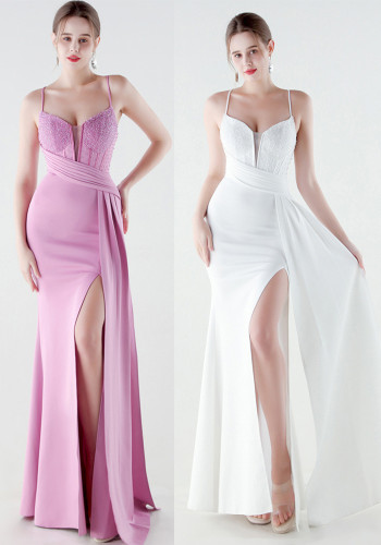 Women's Beaded Strap Slim Waist Lace-Up Slim Fit Evening Gown