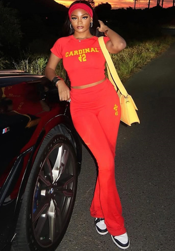 Women's Sporty Fashion Sexy Slim Fit Cropped Short Sleeve Printed Top Pants Set