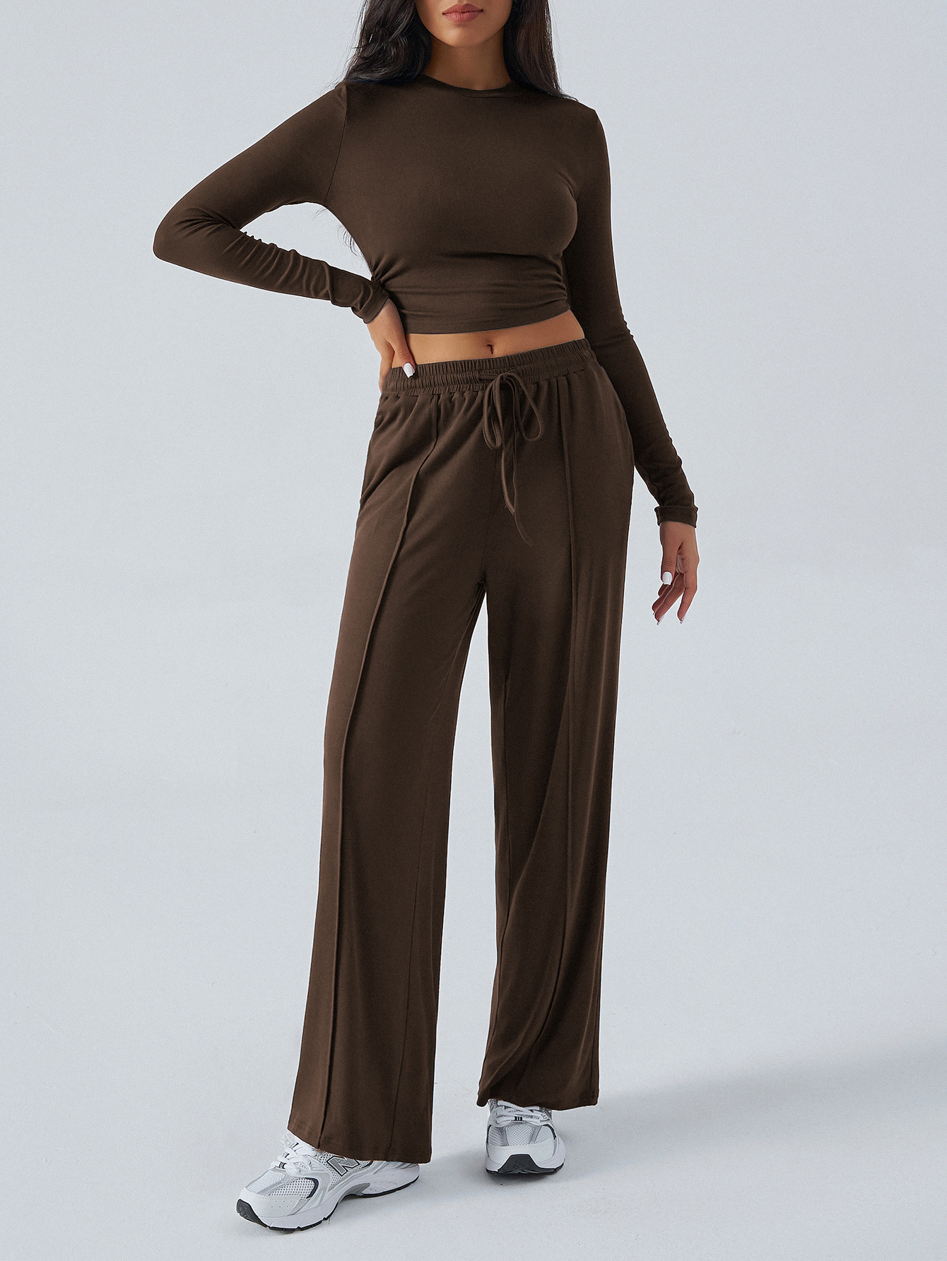 Women's Autumn Winter Y2k Fashion Casual Solid Color Slim Waist Tie Wide Leg Pants Set