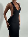 Women's Fashion Sexy Halter Hollow-Out Slim Waist Low Back Bodycon Slit Solid Color Long Dress