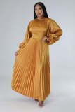 Women's Autumn Solid Color Long Sleeve Round Neck Pleated Dress