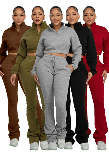 Women's Fashion Casual Turndown Collar Half-Zip Crop Fleece Top Micro Bell Bottom Pants Two-Piece Set