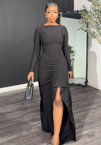 Women's Autumn Winter Solid Color Fashion Elegant Irregular Slit Evening Dress