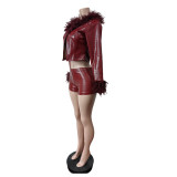 Women's Faux Fur Leather Long Sleeve Jacket Shorts Stretch Suit