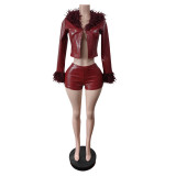 Women's Faux Fur Leather Long Sleeve Jacket Shorts Stretch Suit