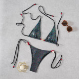 Women's Summer Swimwear Sexy Beaded Tie Triangle Two-Piece Bikini Set
