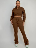 Women's Fashion Casual Turndown Collar Half-Zip Crop Fleece Top Micro Bell Bottom Pants Two-Piece Set