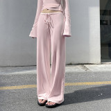 Women's Autumn Solid Color Fleece Bell Sleeve V-Neck Long Sleeve Top Drawstring Straight Leg Pants Set