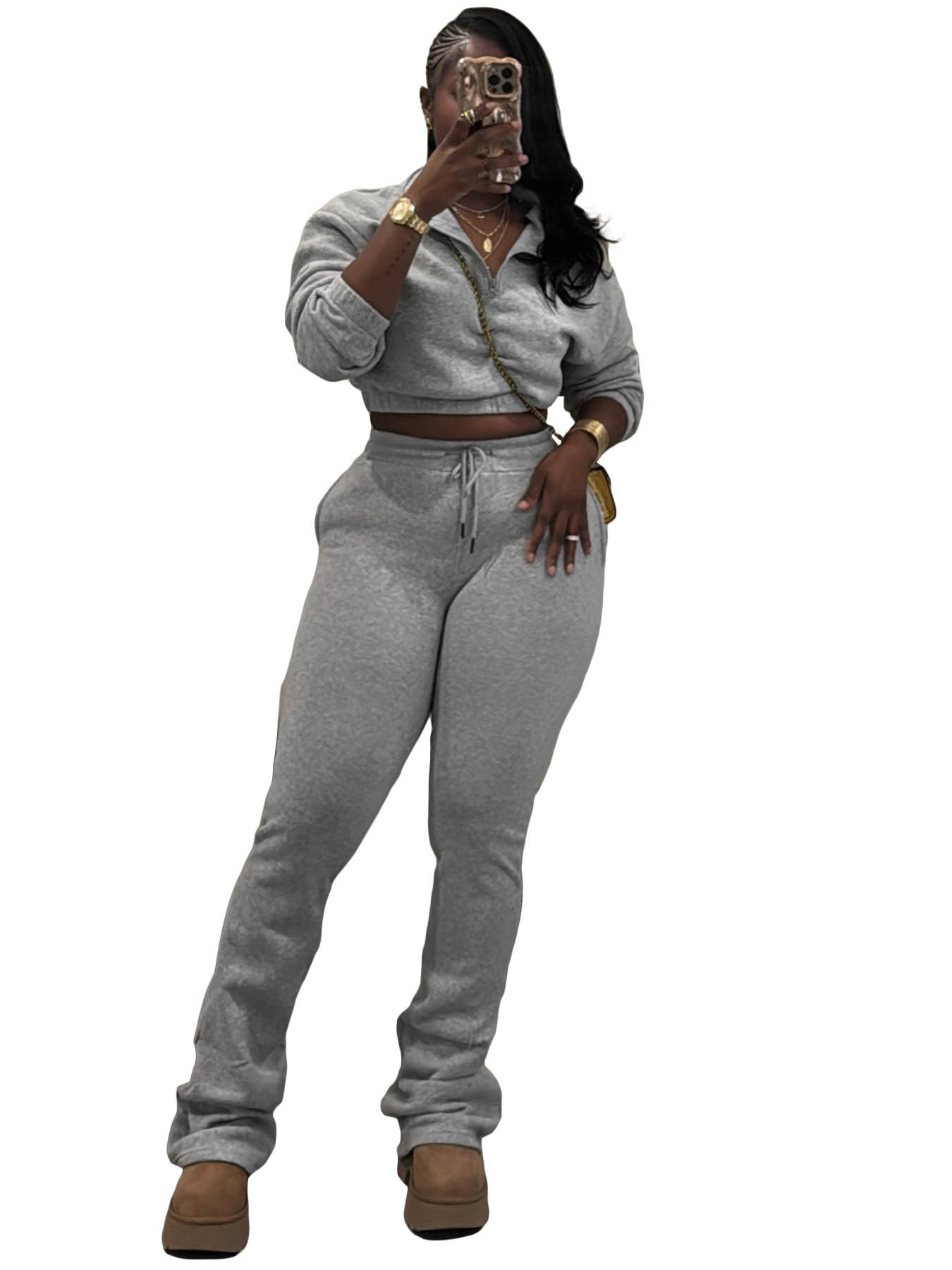 Women's Fashion Casual Turndown Collar Half-Zip Crop Fleece Top Micro Bell Bottom Pants Two-Piece Set