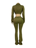 Women's Fashion Casual Turndown Collar Half-Zip Crop Fleece Top Micro Bell Bottom Pants Two-Piece Set