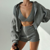 Women's Autumn Sport Casual Cropped Tank Top Zip Hoodie Shorts Three-Piece Set