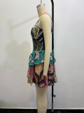 Women's Summer Fashion Chic Multicolor Printed Slim Waist Strap Short Dress