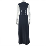 Women's Street Chic Sleeveless High Neck Patchwork Slim Waist A-Line Solid Color Long Dress