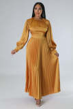 Women's Autumn Solid Color Long Sleeve Round Neck Pleated Dress