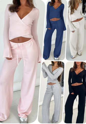 Women's Autumn Solid Color Fleece Bell Sleeve V-Neck Long Sleeve Top Drawstring Straight Leg Pants Set