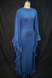 Women's Autumn Fashion Semi-High Neck Bat Sleeves Patchwork Flounce Dress