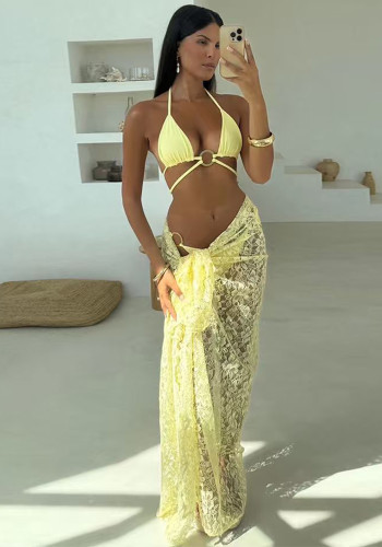 Women's Beach Floral Print Solid Color Three-Piece Long Dress Cover-Up Bikini Set