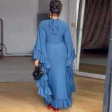 Women's Autumn Fashion Semi-High Neck Bat Sleeves Patchwork Flounce Dress