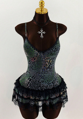 Women's Sexy Leopard Print V Neck Flounce Hem Strap Low Cut Low Back Dress