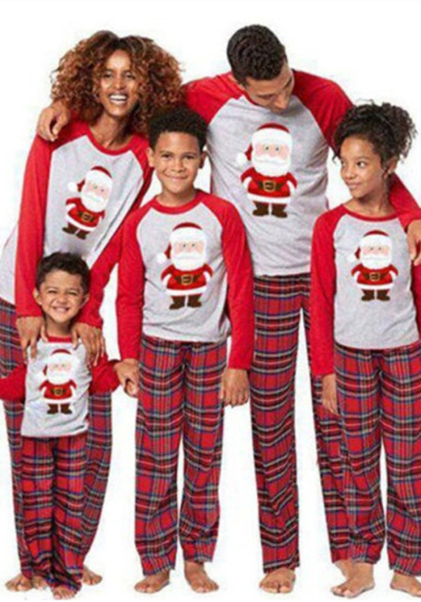 Family Christmas Santa Claus Print Plaid Long Sleeve Pajamas Matching Set Homewear