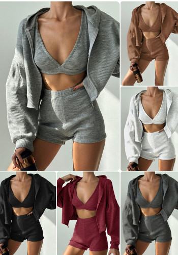 Women's Autumn Sport Casual Cropped Tank Top Zip Hoodie Shorts Three-Piece Set