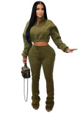 Women's Fashion Casual Turndown Collar Half-Zip Crop Fleece Top Micro Bell Bottom Pants Two-Piece Set