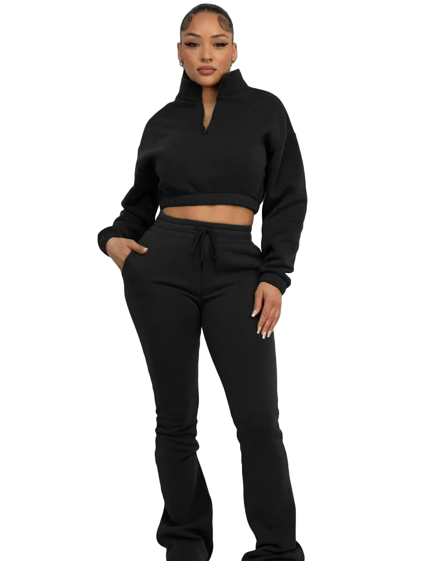 Women's Fashion Casual Turndown Collar Half-Zip Crop Fleece Top Micro Bell Bottom Pants Two-Piece Set