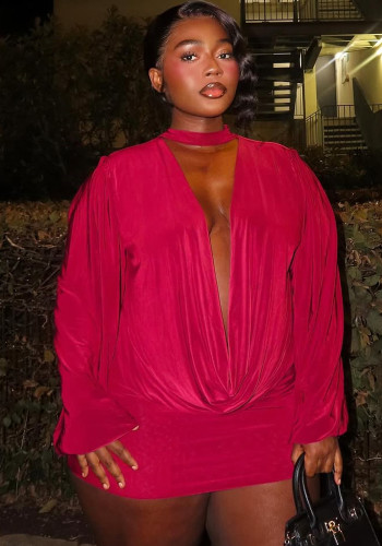 Women's Summer Solid Color  Deep V Cowl Neck Halter Neck Tie Pleated Dress