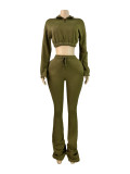 Women's Fashion Casual Turndown Collar Half-Zip Crop Fleece Top Micro Bell Bottom Pants Two-Piece Set