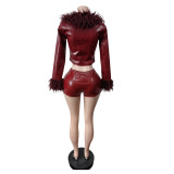 Women's Faux Fur Leather Long Sleeve Jacket Shorts Stretch Suit