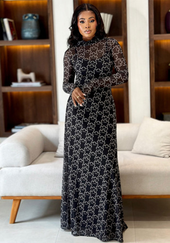 Women's Fashion Slim Waist High Neck Long Sleeve A-Line Printed Dress