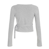 Women's Autumn Solid Color Fleece Bell Sleeve V-Neck Long Sleeve Top Drawstring Straight Leg Pants Set