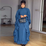 Women's Autumn Fashion Semi-High Neck Bat Sleeves Patchwork Flounce Dress