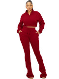Women's Fashion Casual Turndown Collar Half-Zip Crop Fleece Top Micro Bell Bottom Pants Two-Piece Set