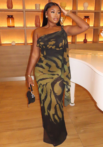 Women's Sexy Irregular Slit Slim Fit One-Shoulder Slash Shoulder Strapless Printed Dress