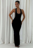 Women's Fashion Sexy Halter Hollow-Out Slim Waist Low Back Bodycon Slit Solid Color Long Dress