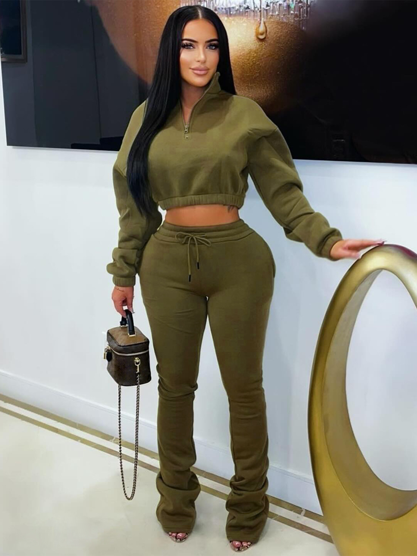 Women's Fashion Casual Turndown Collar Half-Zip Crop Fleece Top Micro Bell Bottom Pants Two-Piece Set