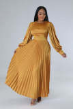 Women's Autumn Solid Color Long Sleeve Round Neck Pleated Dress