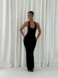 Women's Fashion Sexy Halter Hollow-Out Slim Waist Low Back Bodycon Slit Solid Color Long Dress