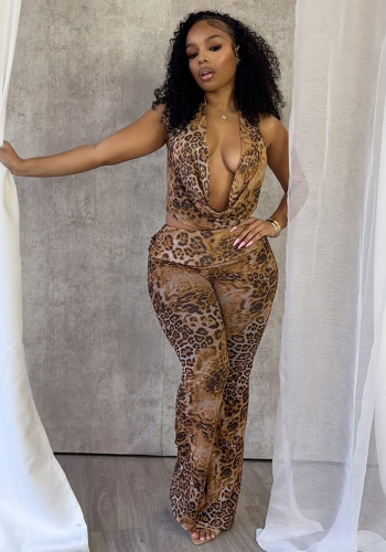 Women's Sexy Slim Fit Leopard Print Tie Halter Neck Low Back Top Pants Set
